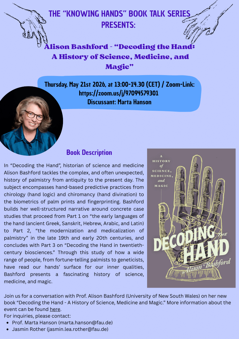Event poster of Knowing Hands Book Talk: Alison Bashford on Decoding the Hand